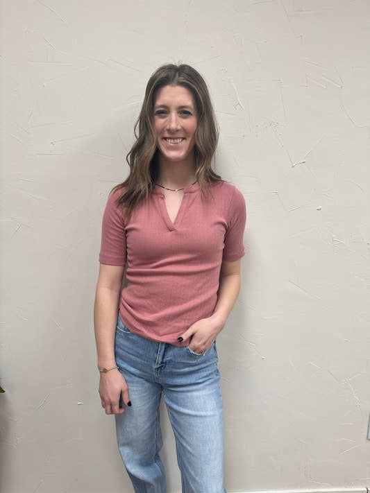 Front view of model wearing Sage fitted top showing close to body silhouette — Three:Twelve Boutique
