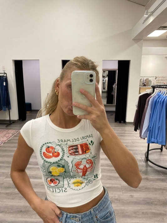 Front view of model wearing Sardine graphic tee showing fitted silhouette — Three:Twelve Boutique