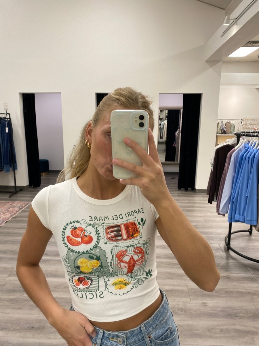 Front view of model wearing Sardine graphic tee showing fitted silhouette — Three:Twelve Boutique