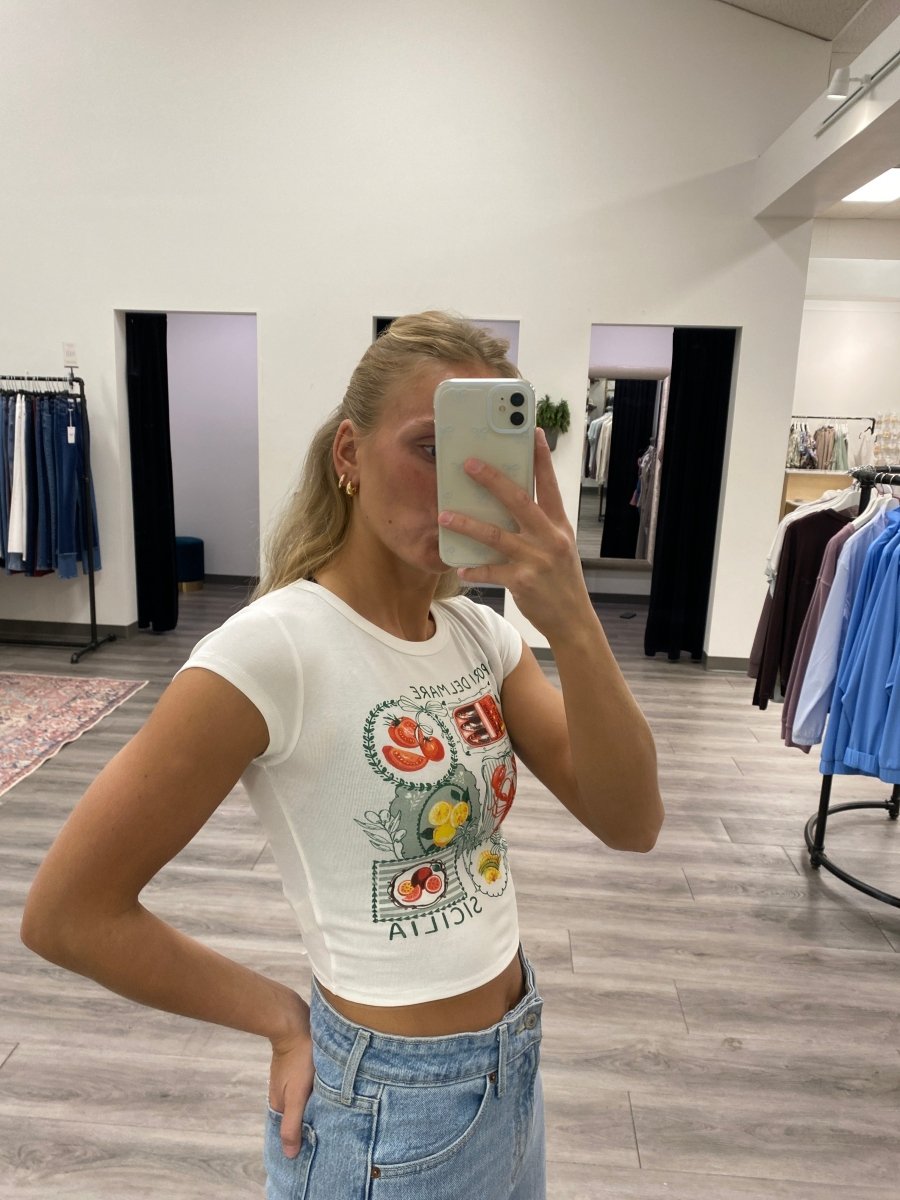 Side view of Sardine tee showing fitted shape and short sleeves — Three:Twelve Boutique