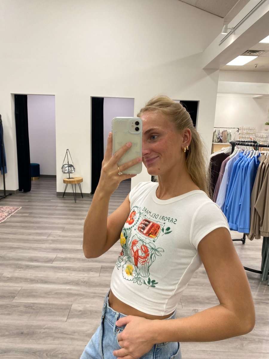 Side view of Sardine tee showing fitted shape and short sleeves — Three:Twelve Boutique