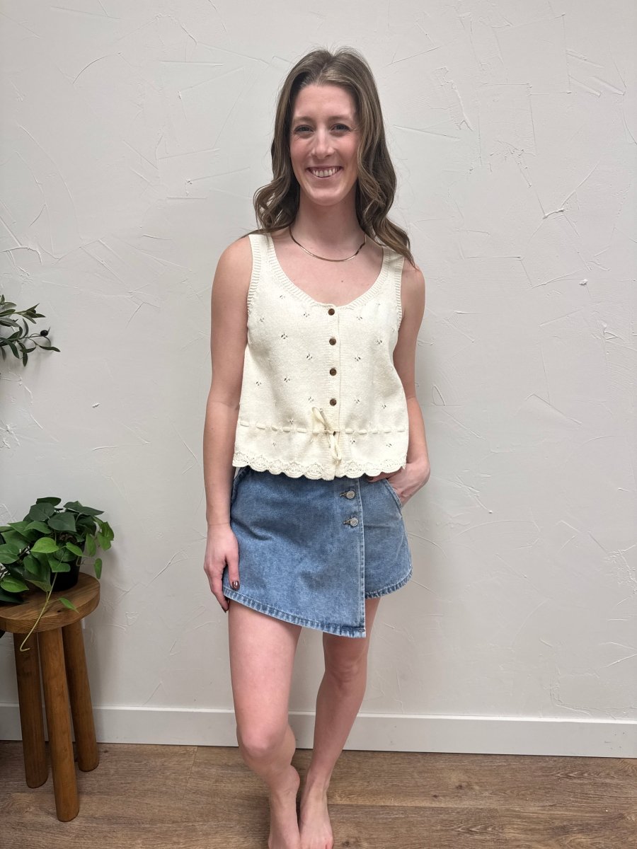 Lifestyle shot of sweater tank styled in casual everyday outfit — Three:Twelve Boutique