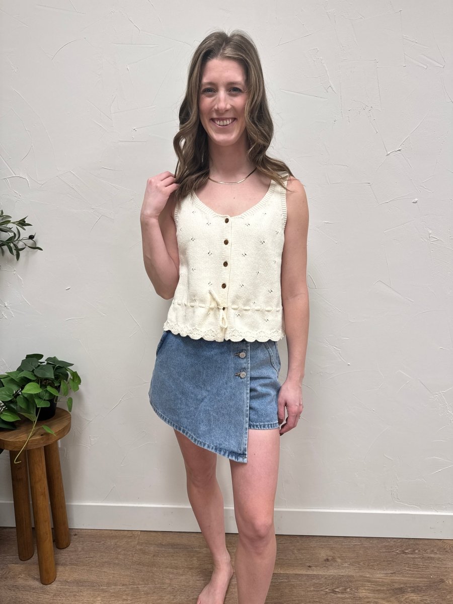 Lifestyle shot of sweater tank styled in casual everyday outfit — Three:Twelve Boutique