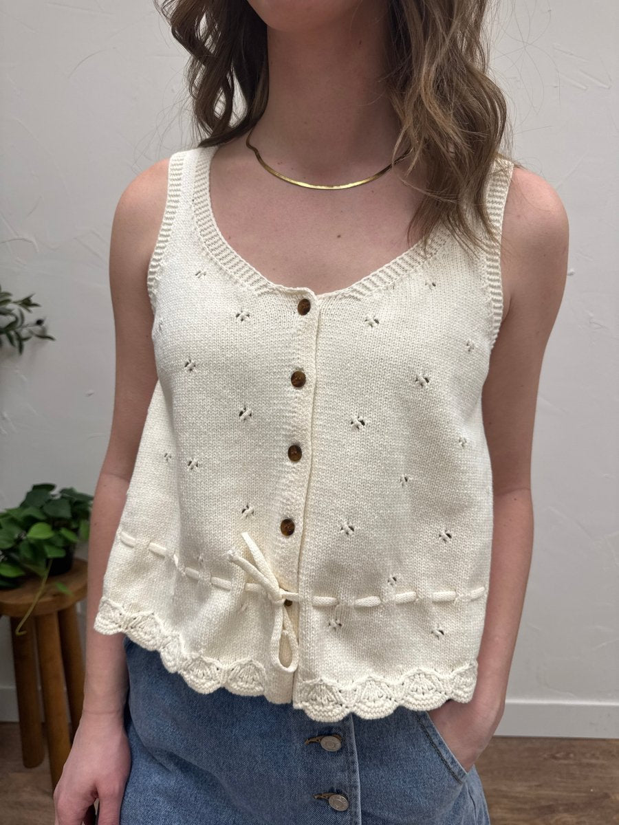 Close-up of scallop hem detail on sweater tank knit fabric — Three:Twelve Boutique