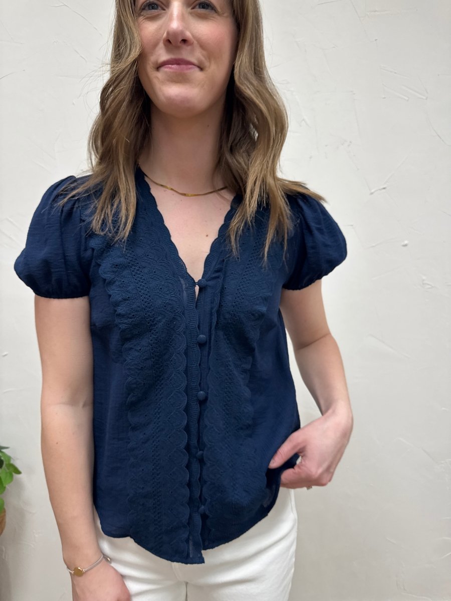 Front view of scallop trim V-neck lace button down top showing button front detail — Three:Twelve Boutique