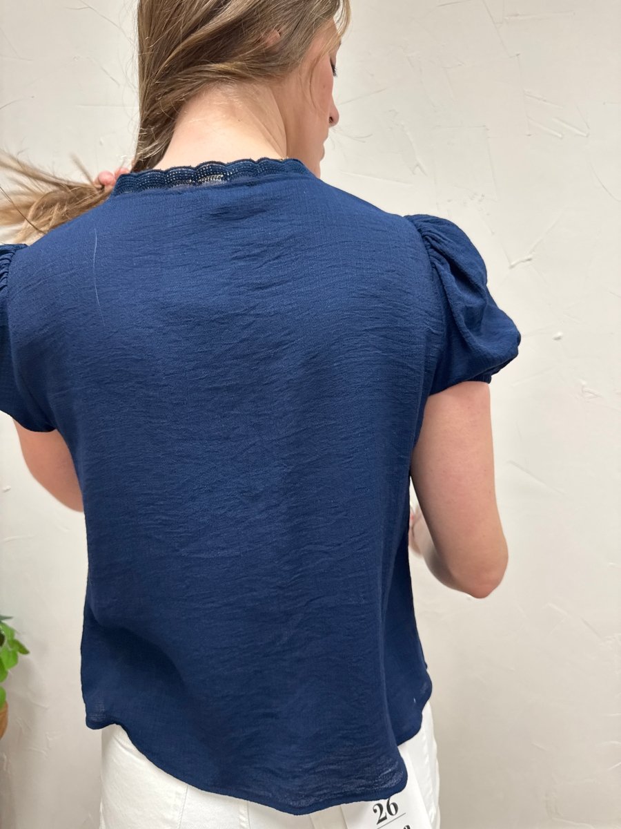 Back view of lace detail top showing clean silhouette — Three:Twelve Boutique