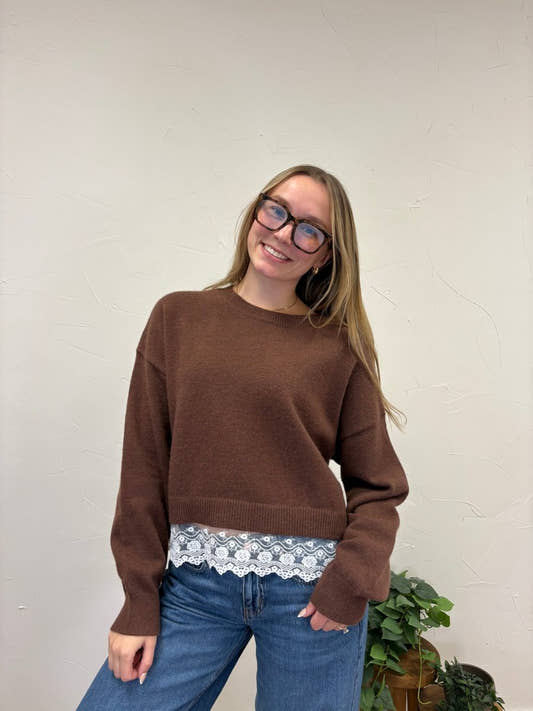 Scalloped Lace Trim Knit Sweater Top - Three:Twelve Boutique - LE LIS