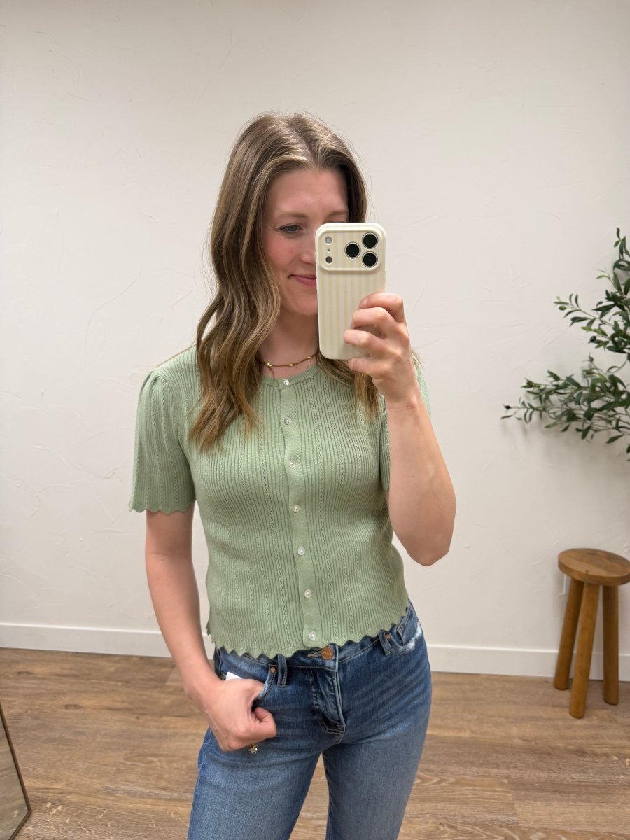 Scalloped Pointelle Short Sleeve Knit Cardigan - Three:Twelve Boutique - &merci