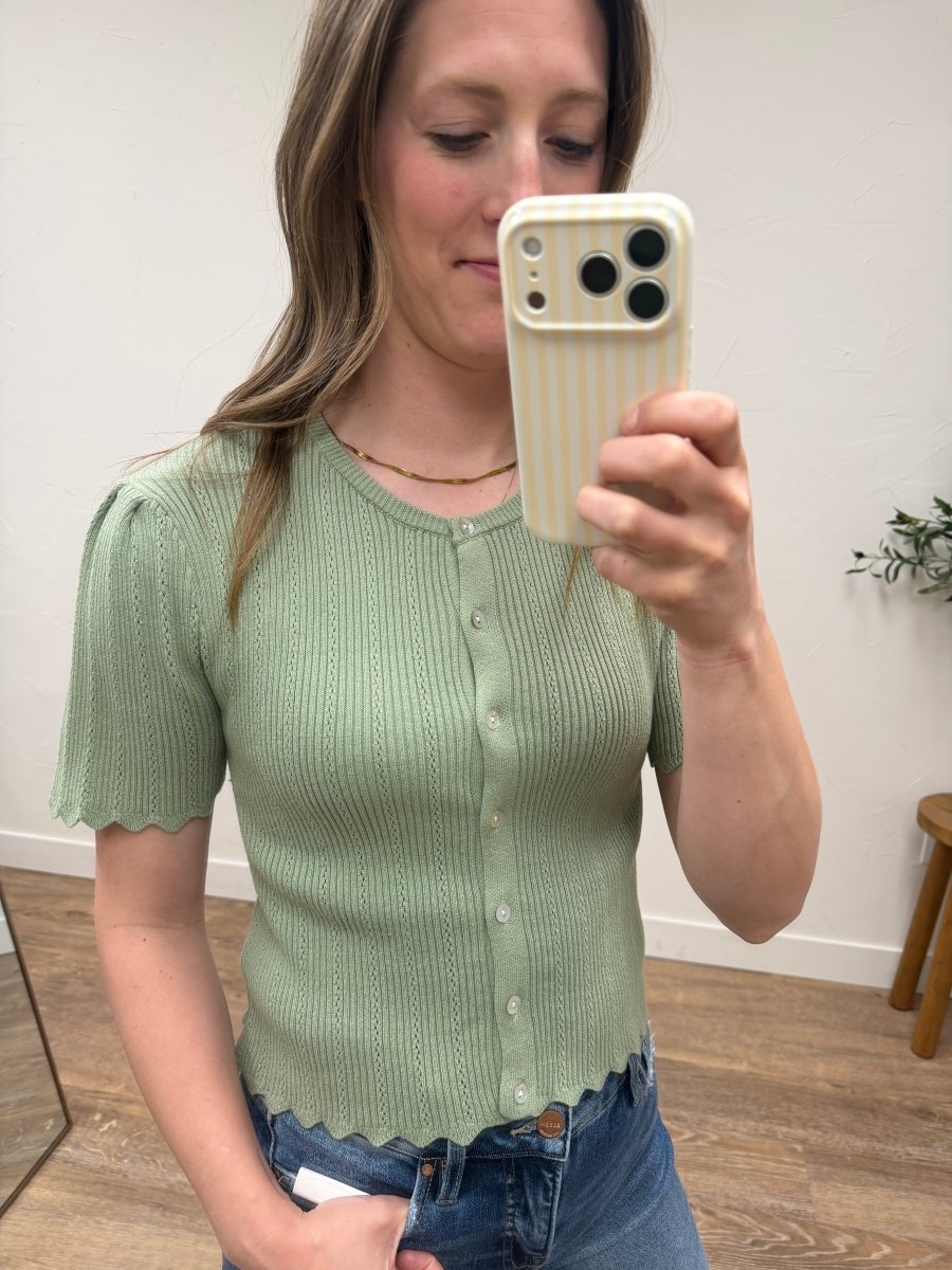 Scalloped Pointelle Short Sleeve Knit Cardigan - Three:Twelve Boutique - &merci