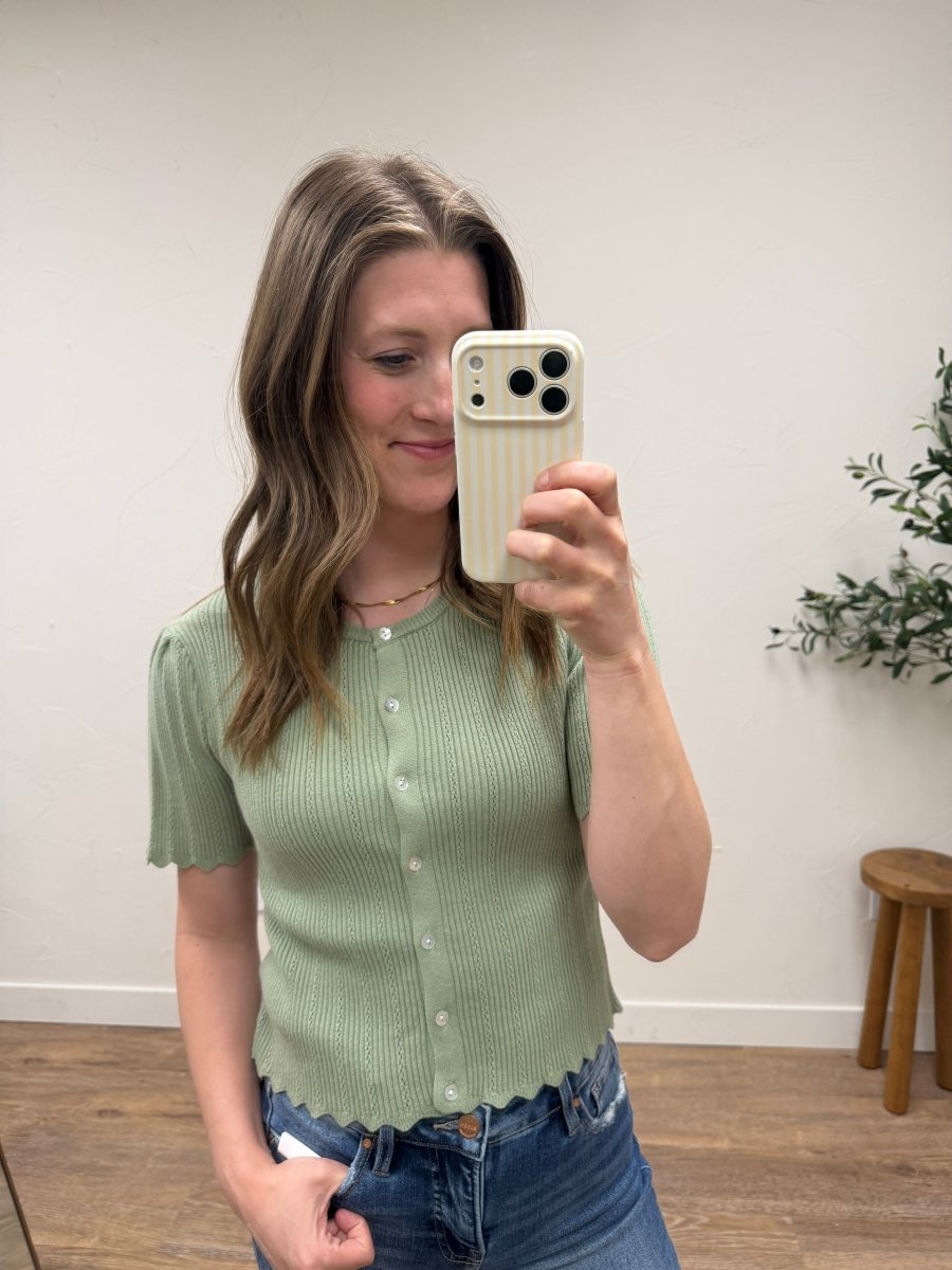 Scalloped Pointelle Short Sleeve Knit Cardigan - Three:Twelve Boutique - &merci
