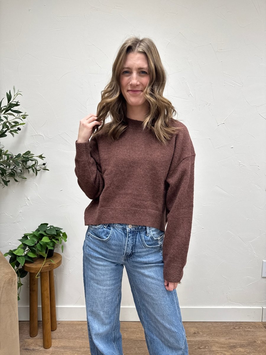 Front view of model wearing seam detail round neck sweater in soft knit fabric — Three:Twelve Boutique