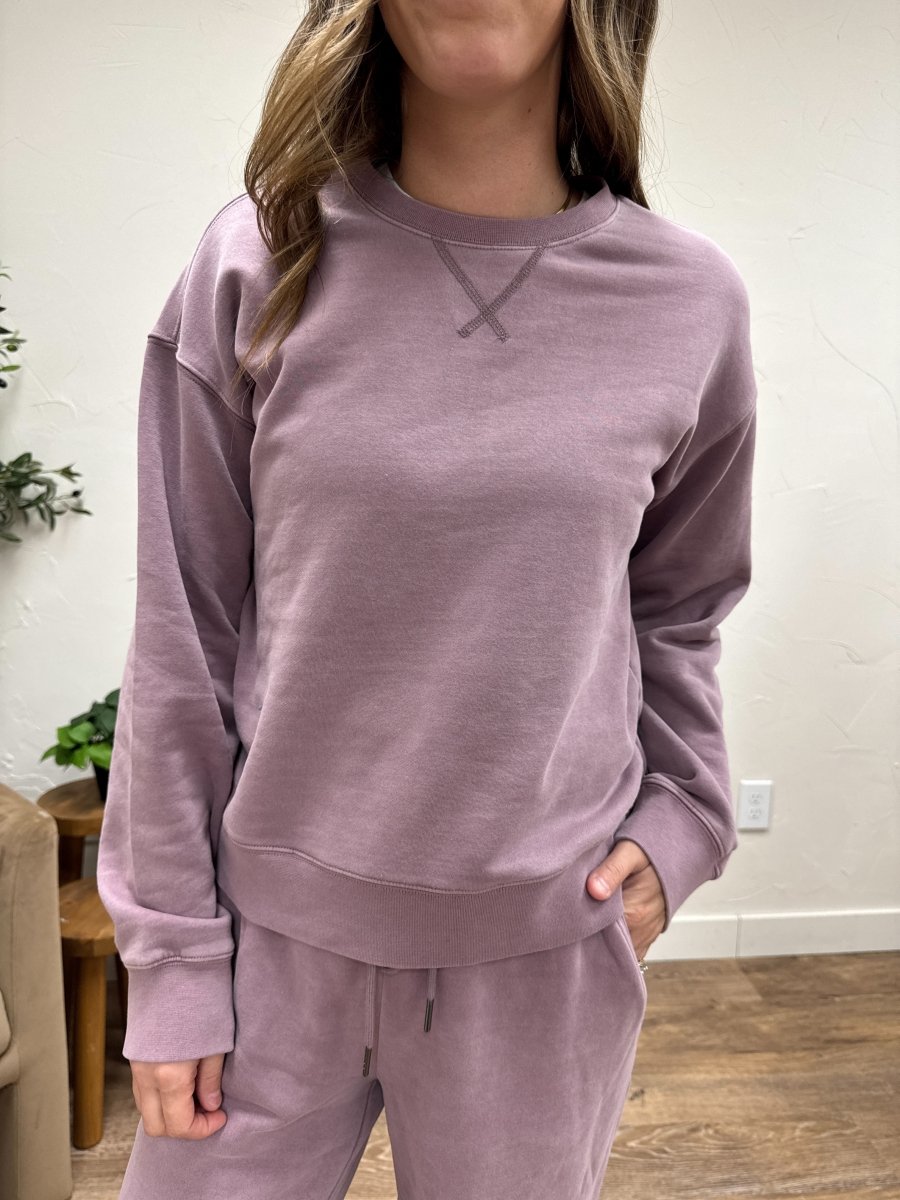 Close up of soft fleece fabric texture on Serenity crew neck sweatshirt — Three:Twelve Boutique