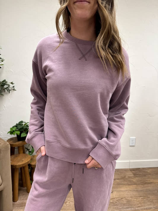 Front view of model wearing Serenity fleece crew neck sweatshirt in relaxed fit — Three:Twelve Boutique