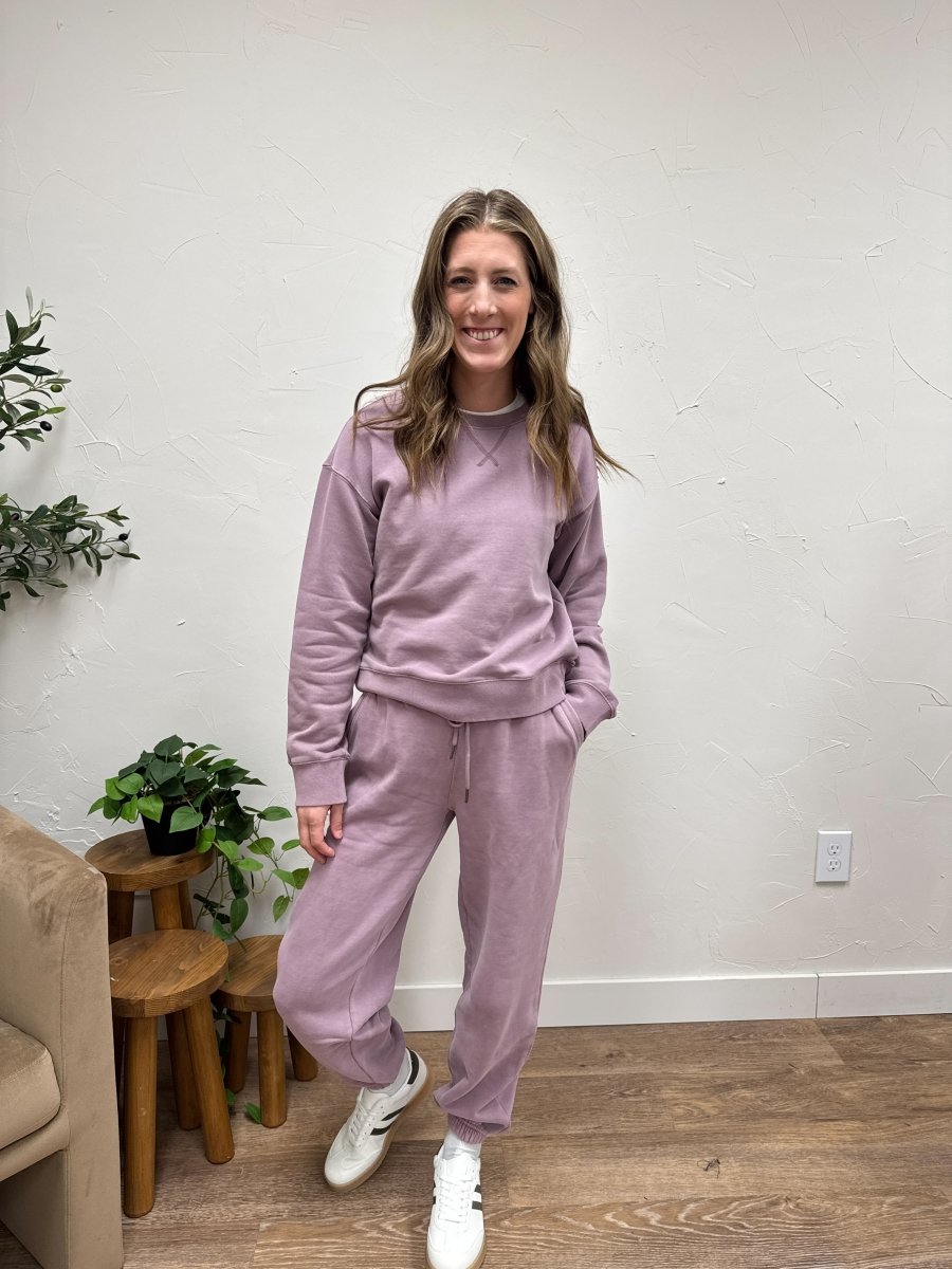 Lifestyle shot of model wearing Serenity sweatshirt styled for casual everyday wear — Three:Twelve Boutique