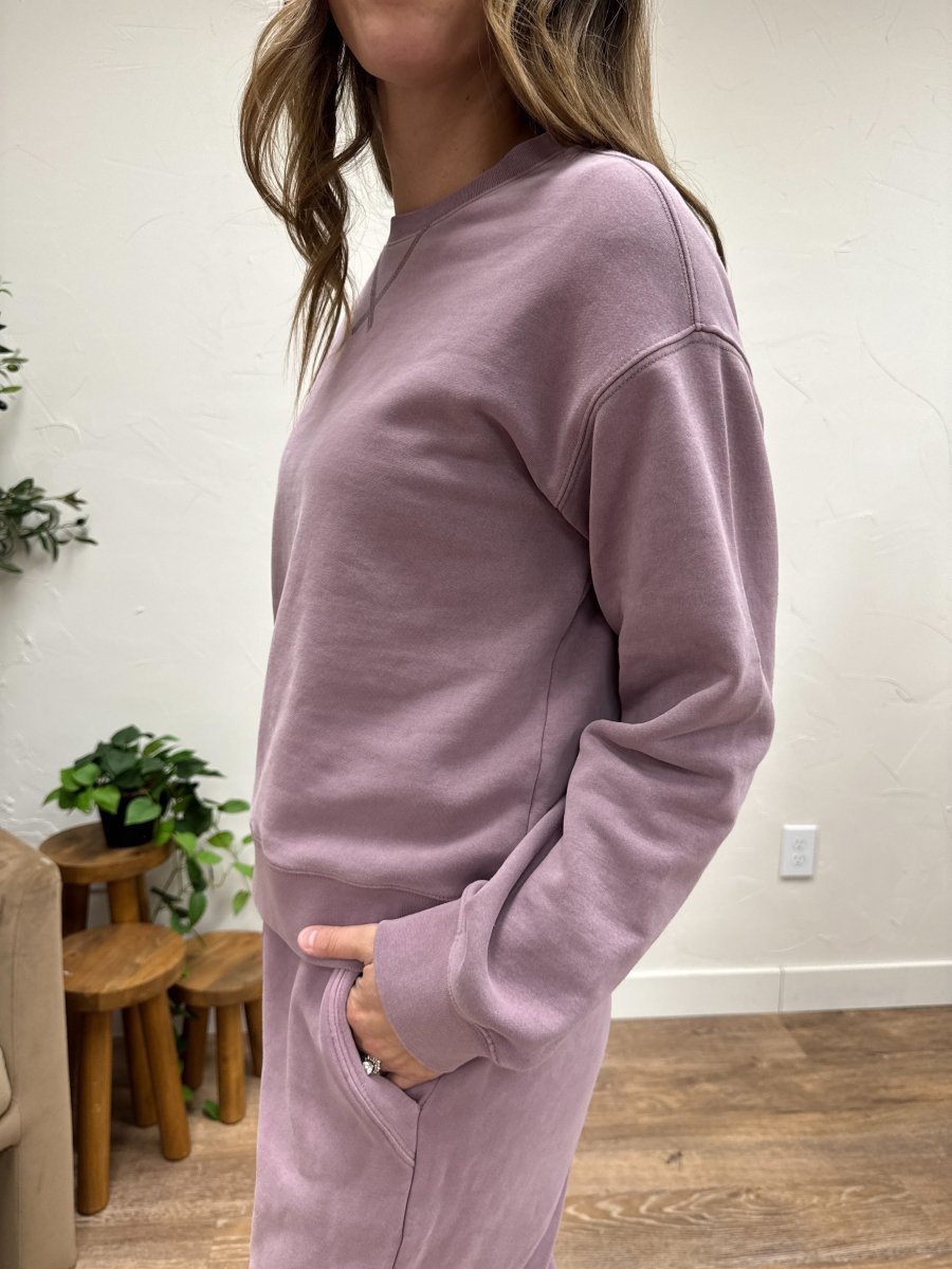 Side view of Serenity fleece crew neck sweatshirt showing relaxed drape — Three:Twelve Boutique