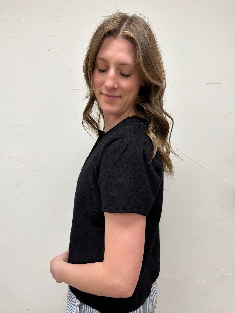 Side view of cardigan highlighting puff sleeve and cropped fit — Three:Twelve Boutique
