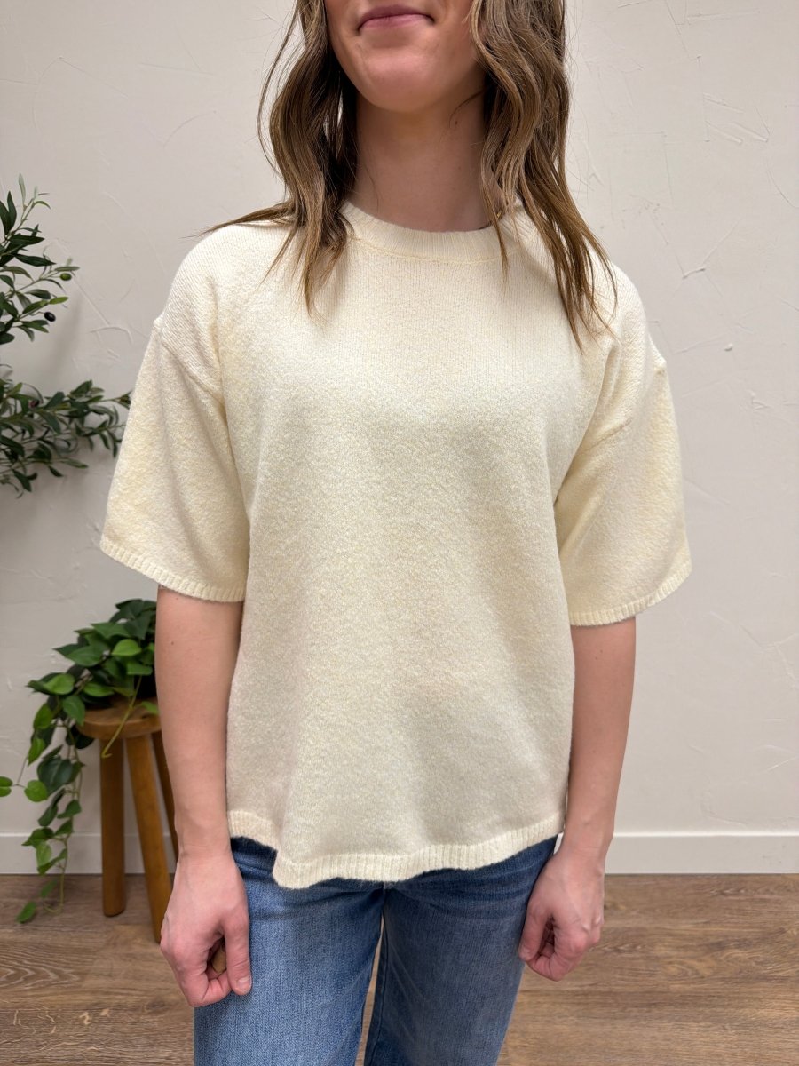 Front view of model wearing short sleeve knit sweater in neutral color — Three:Twelve Boutique