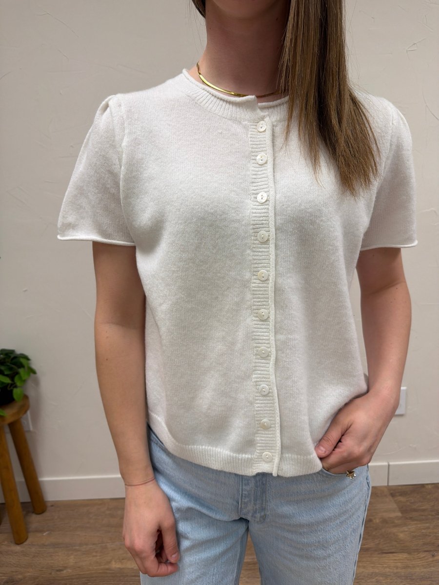 Front view of model wearing short sleeve sweater cardigan with button front detail — Three:Twelve Boutique