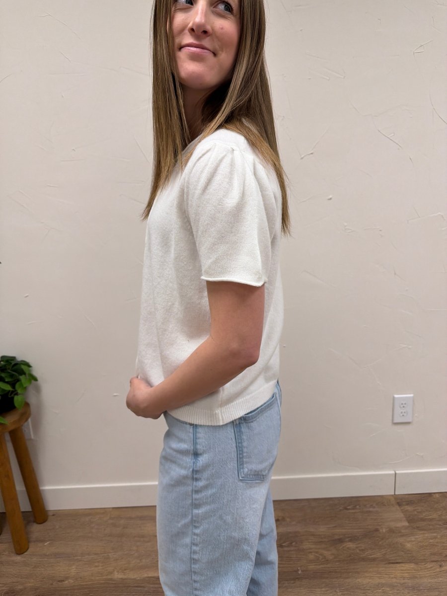 Side view of short sleeve sweater cardigan showing relaxed silhouette — Three:Twelve Boutique