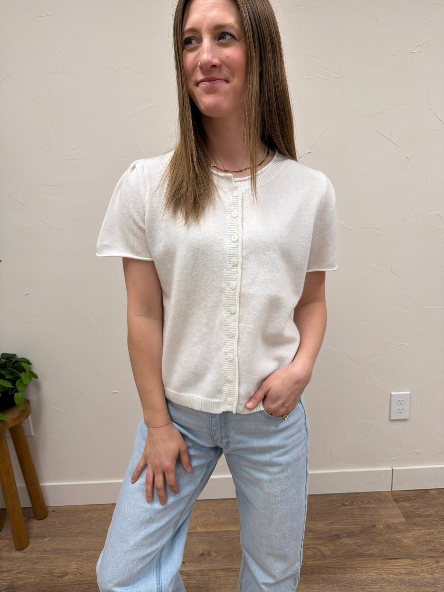 Front view of model wearing short sleeve sweater cardigan with button front detail — Three:Twelve Boutique