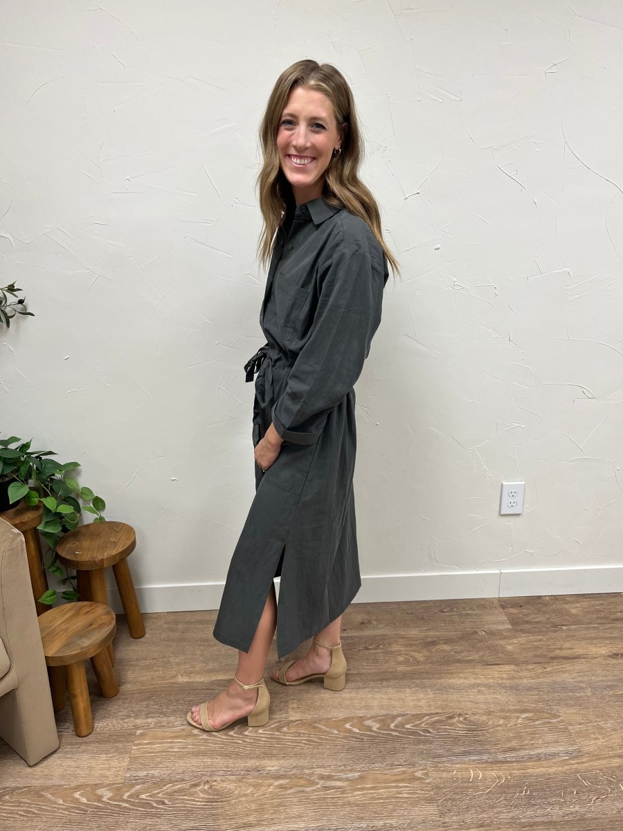Side Slit Shirt Long Dress with Waist Tie - Three:Twelve Boutique - Three:Twelve