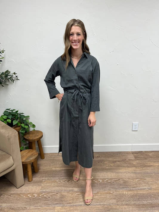 Side Slit Shirt Long Dress with Waist Tie - Three:Twelve Boutique - Three:Twelve