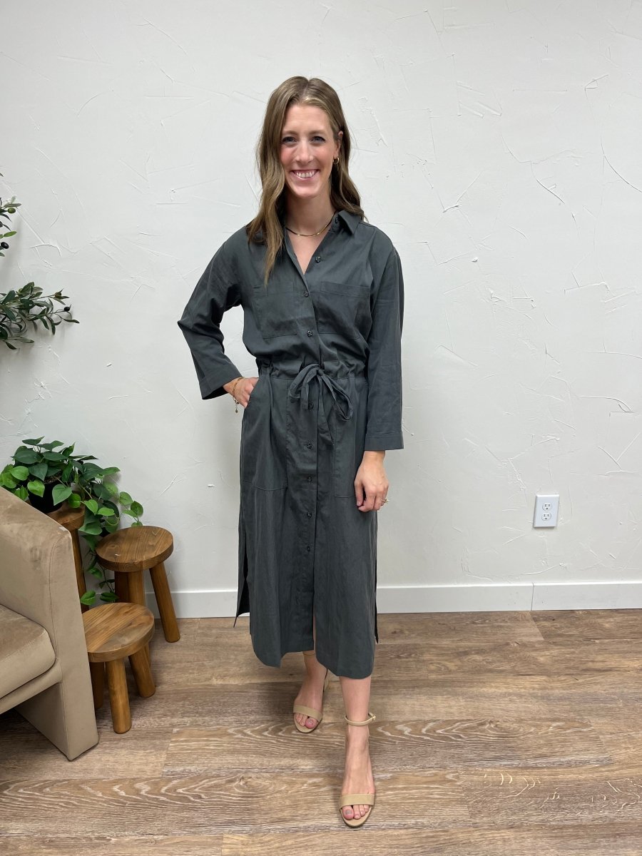 Side Slit Shirt Long Dress with Waist Tie - Three:Twelve Boutique - Three:Twelve
