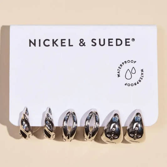 Silver Chunky Waterproof Huggie Earring Set - Three:Twelve Boutique - nickel & suede