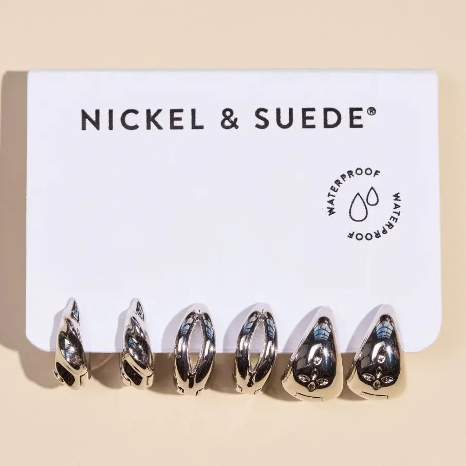 Silver Chunky Waterproof Huggie Earring Set - Three:Twelve Boutique - nickel & suede