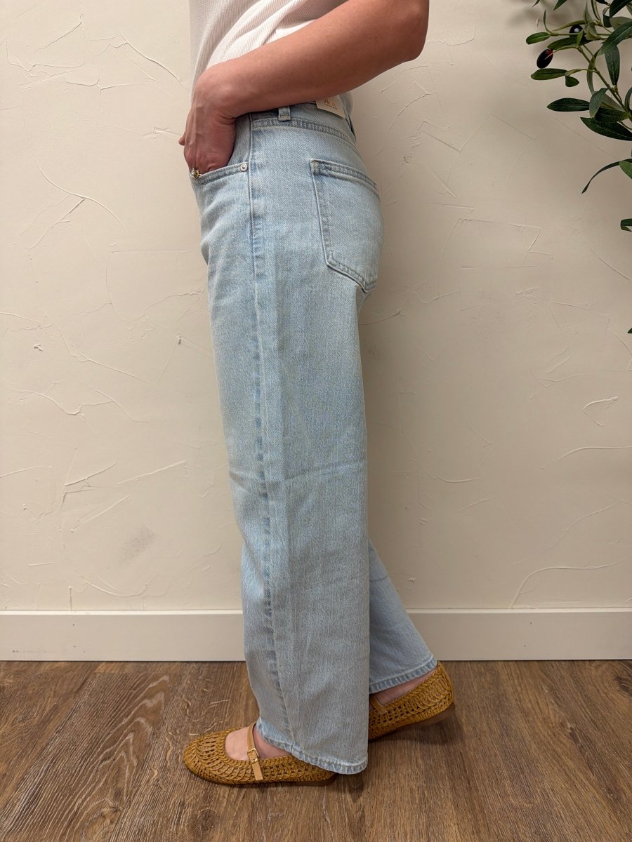 Side view of slight barrel denim showing leg shape and structure — Three:Twelve Boutique