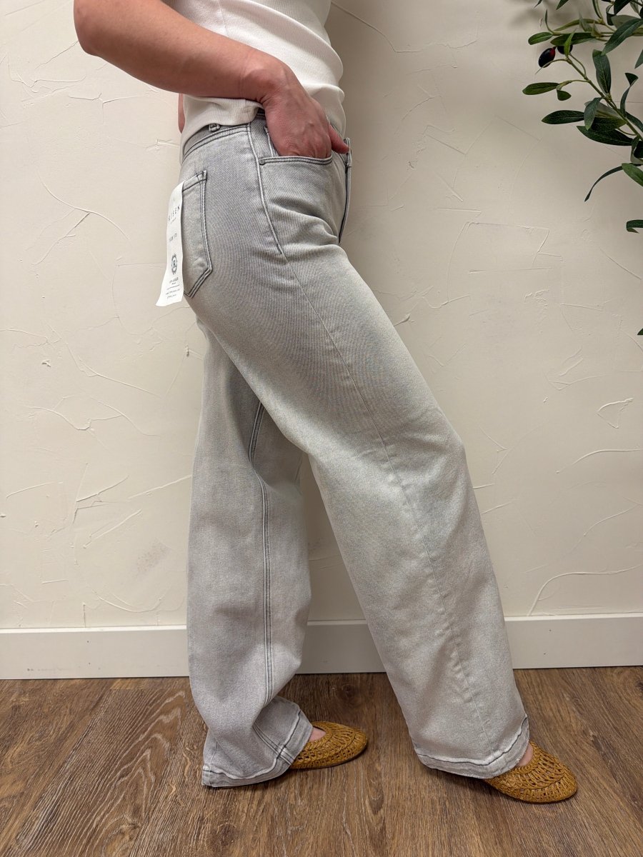 Side view of Risen Slouchy Jeans showing baggy leg shape and fit — Three:Twelve Boutique