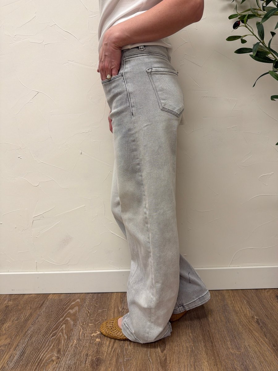 Side view of Risen Slouchy Jeans showing baggy leg shape and fit — Three:Twelve Boutique