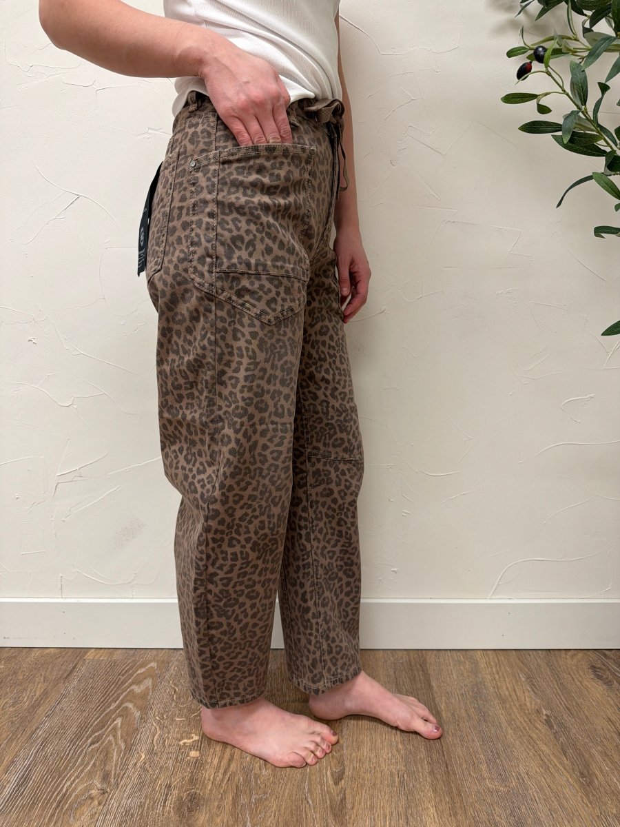 Side view showing relaxed fit of slouchy crop barrel jeans with drawstring waistband — Three:Twelve Boutique