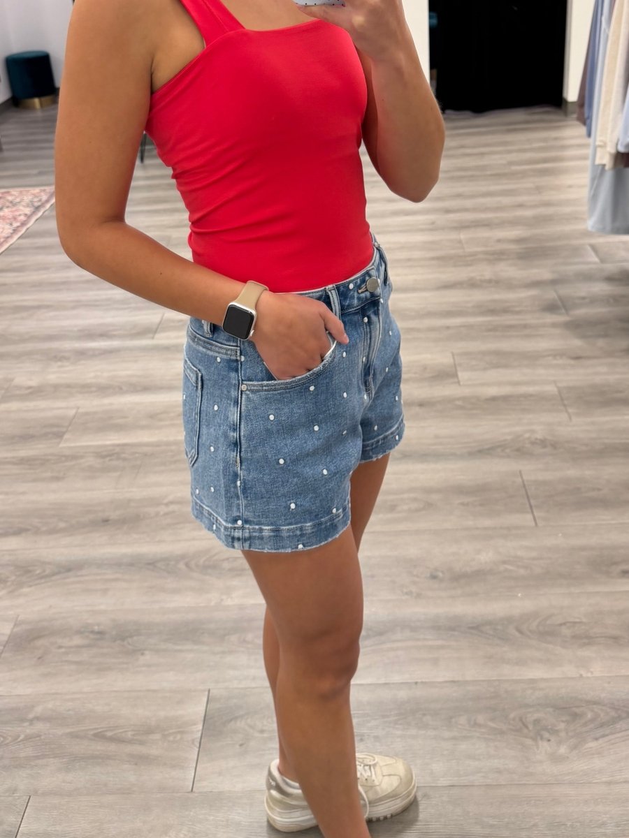 Side view of slouchy relaxed shorts highlighting fit and length — Three:Twelve Boutique