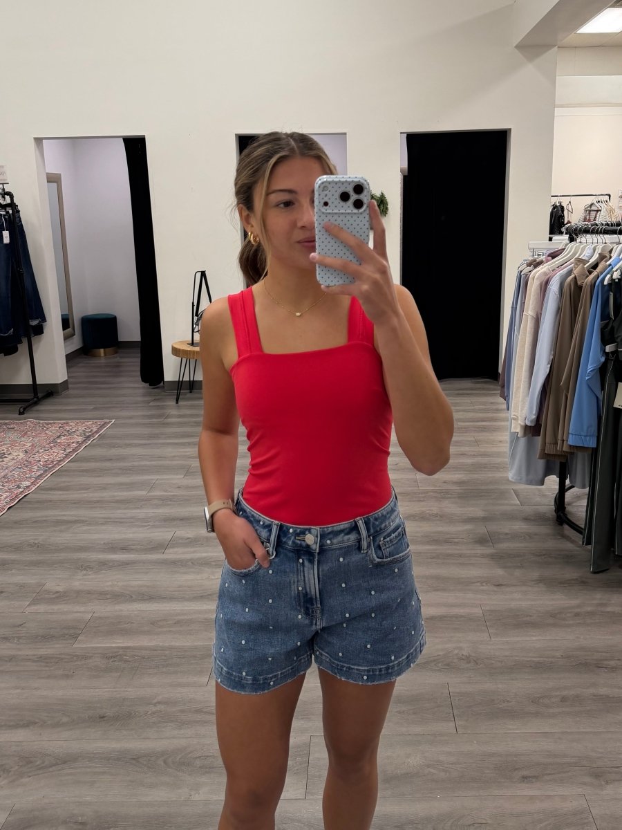 Front view of model wearing slouchy relaxed dot embroidered shorts — Three:Twelve Boutique