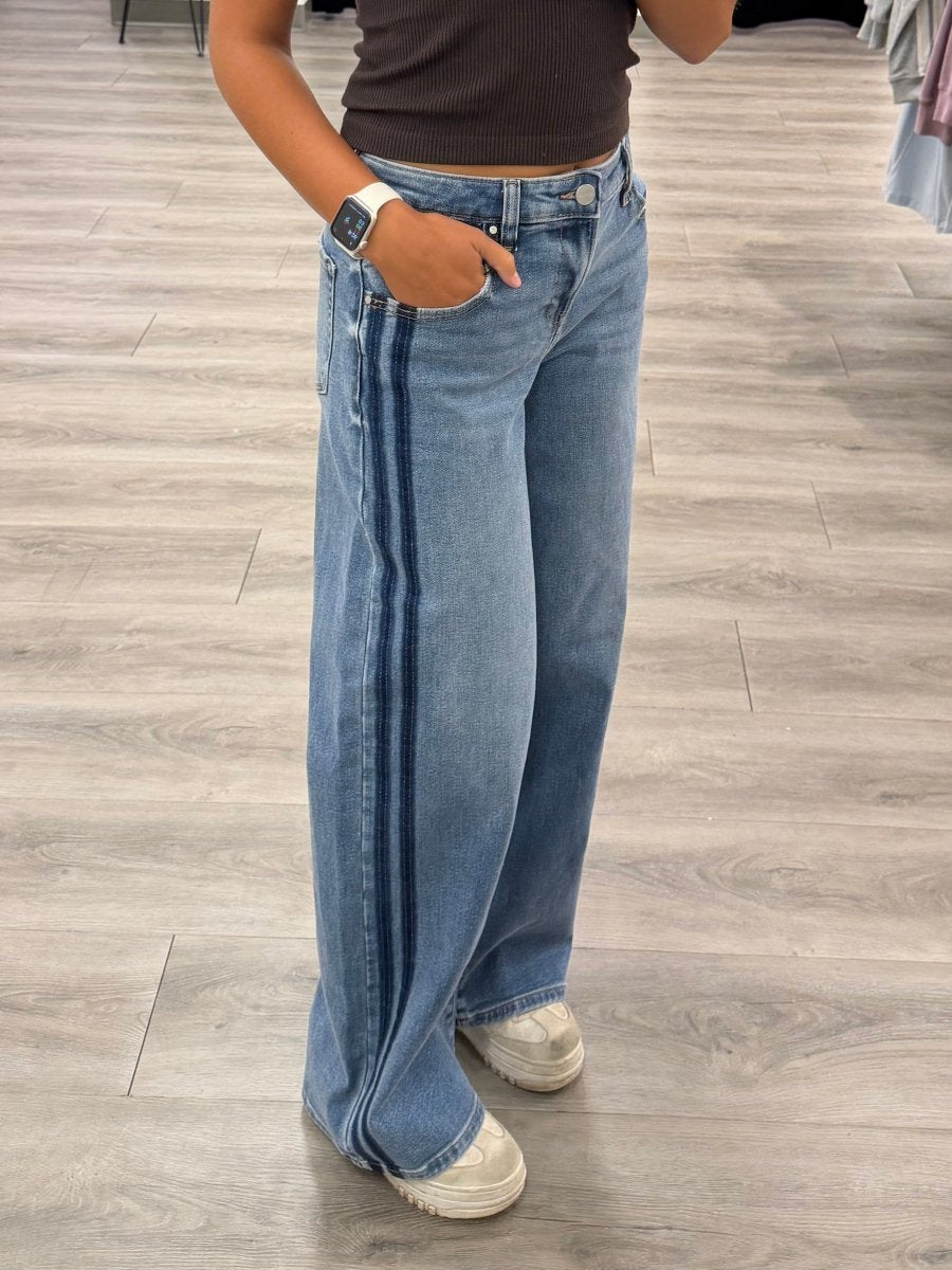 Slouchy Wide Leg Jean with Side Stripe - Three:Twelve Boutique - Risen Denim