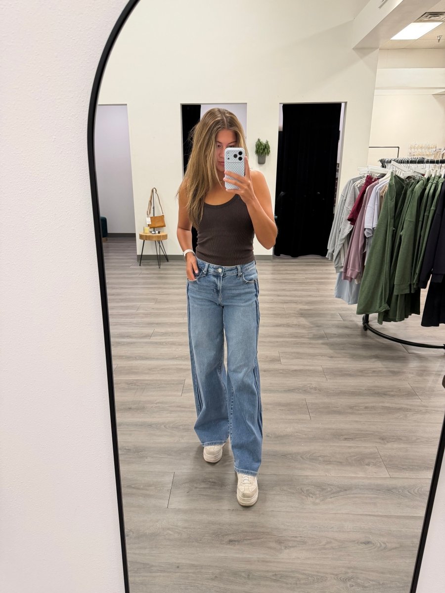 Slouchy Wide Leg Jean with Side Stripe - Three:Twelve Boutique - Risen Denim