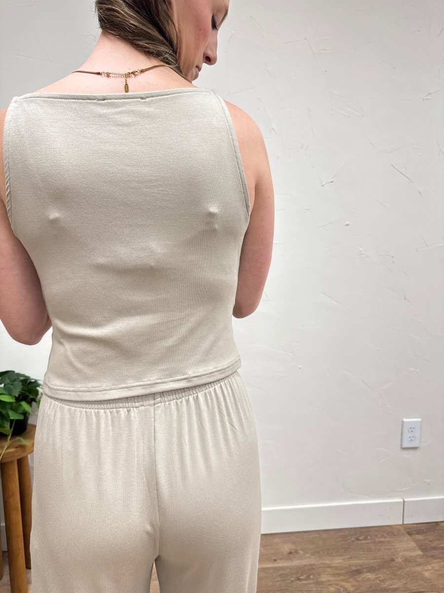Back view of model wearing Square Neck Cozy Tank Top highlighting relaxed fit — Three:Twelve Boutique