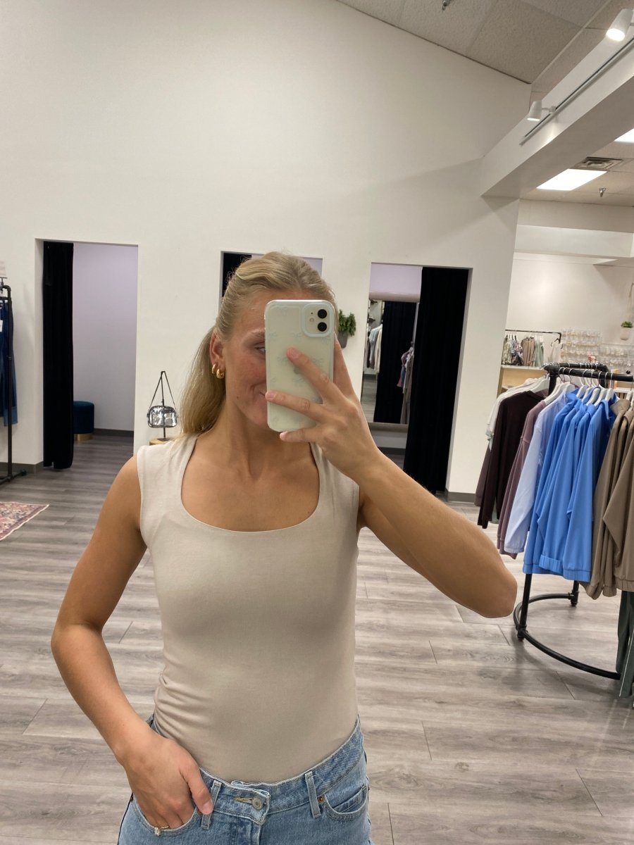 Front view of square neck wide shoulder tank top on model — Three:Twelve Boutique