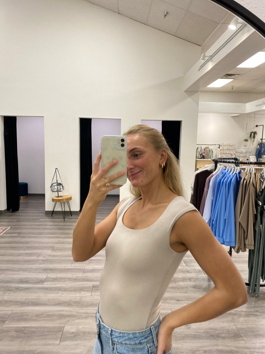 Side angle view of square neck tank top showing shoulder design — Three:Twelve Boutique