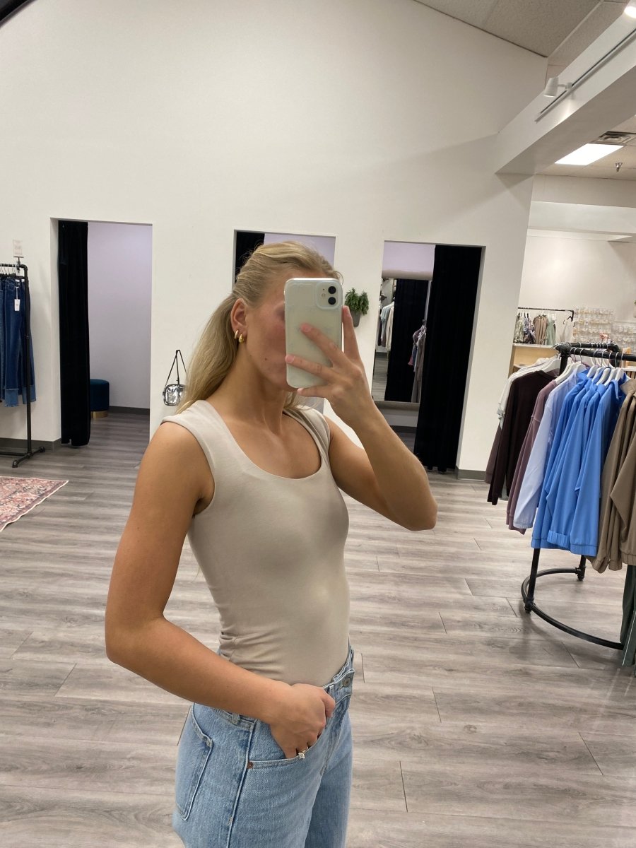 Side angle view of square neck tank top showing shoulder design — Three:Twelve Boutique