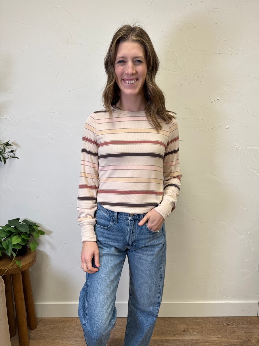 Lifestyle shot of model wearing Stacy Top styled for everyday wear — Three:Twelve Boutique