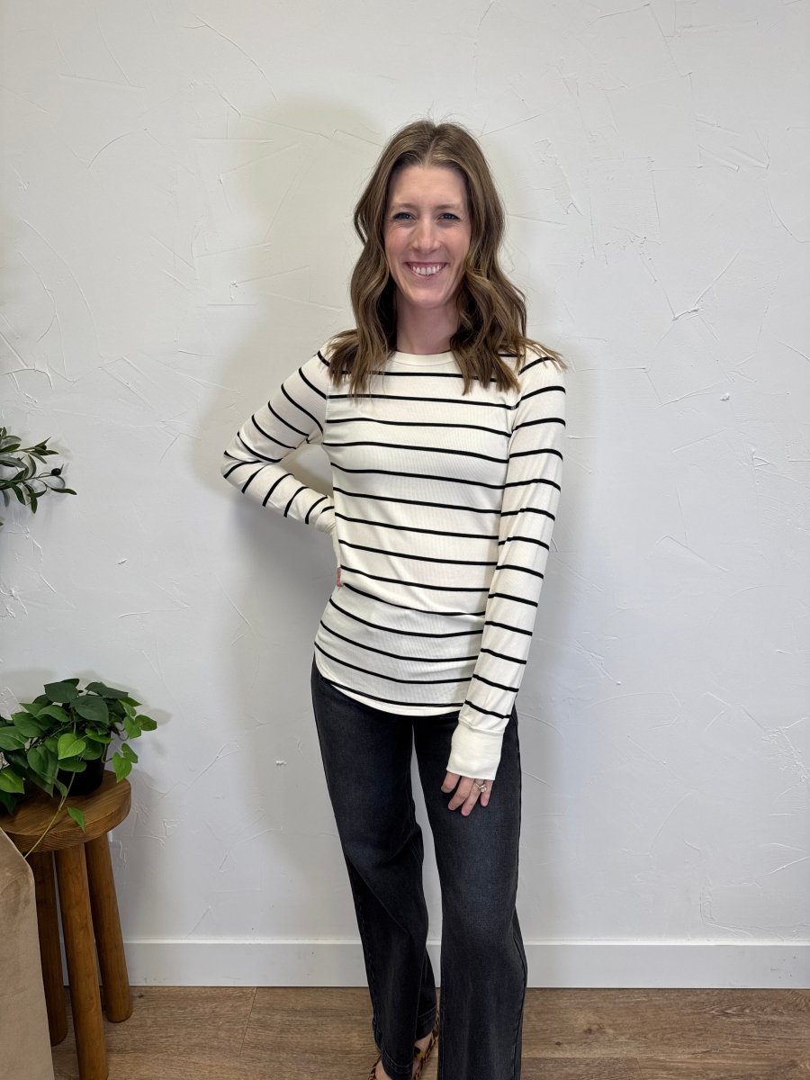 Lifestyle shot of model wearing Stacy Top styled for everyday wear — Three:Twelve Boutique