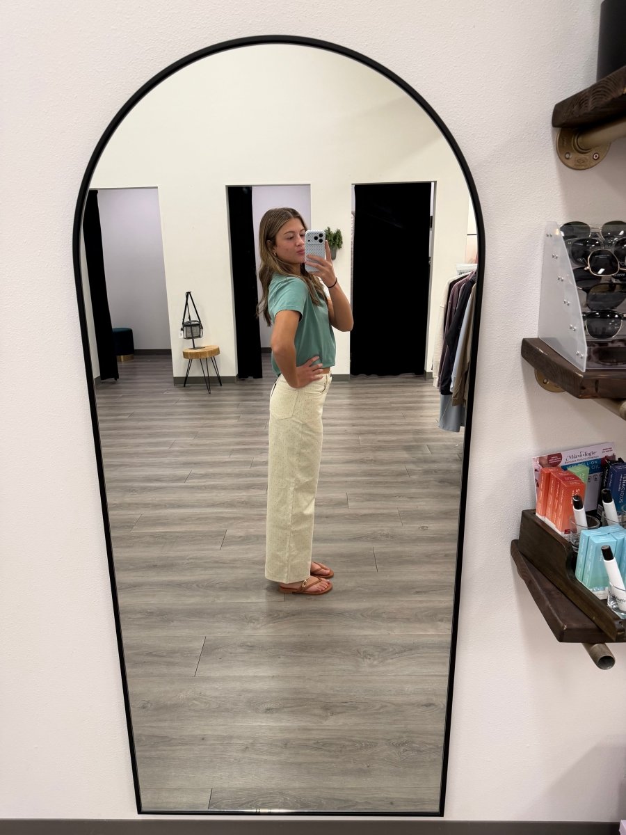 Side view of polka dot pants highlighting low waist and straight fit — Three:Twelve Boutique