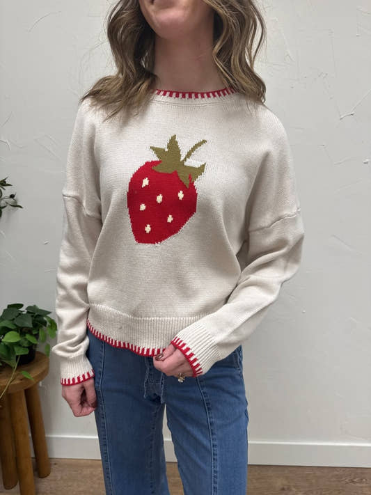 Strawberry Motif Contrast Stitch Pullover - Three:Twelve Boutique - Blu Pepper