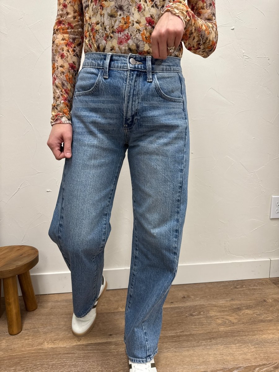 Front view of model wearing barrel twist jeans showing high rise and relaxed leg shape — Three:Twelve Boutique
