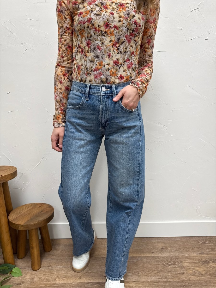Front view of model wearing barrel twist jeans showing high rise and relaxed leg shape — Three:Twelve Boutique