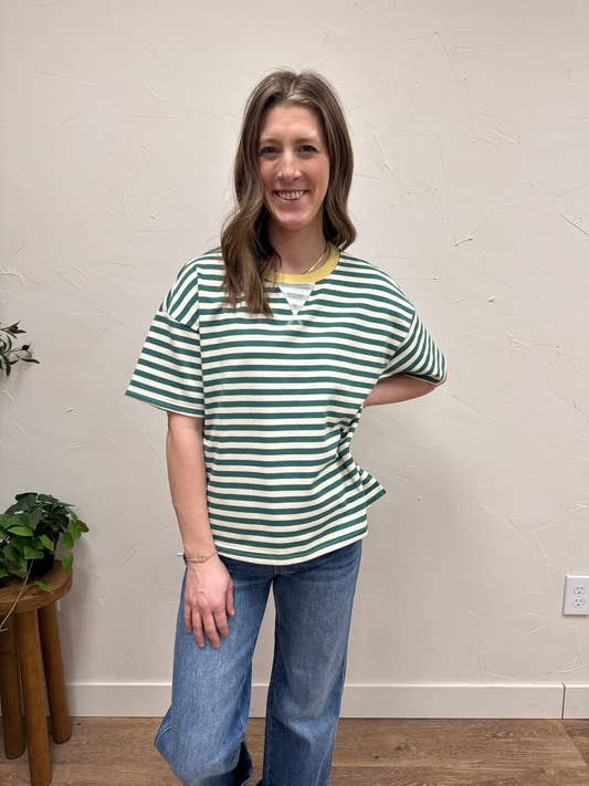 Stripe colorblock detail short sleeve knit t shirt - Three:Twelve Boutique - Blu Pepper