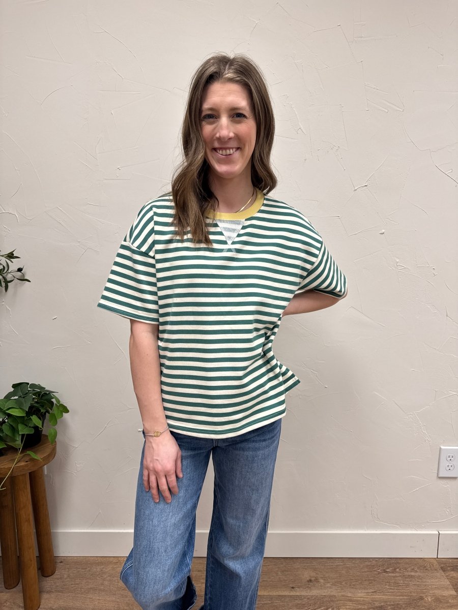 Stripe colorblock detail short sleeve knit t shirt - Three:Twelve Boutique - Blu Pepper