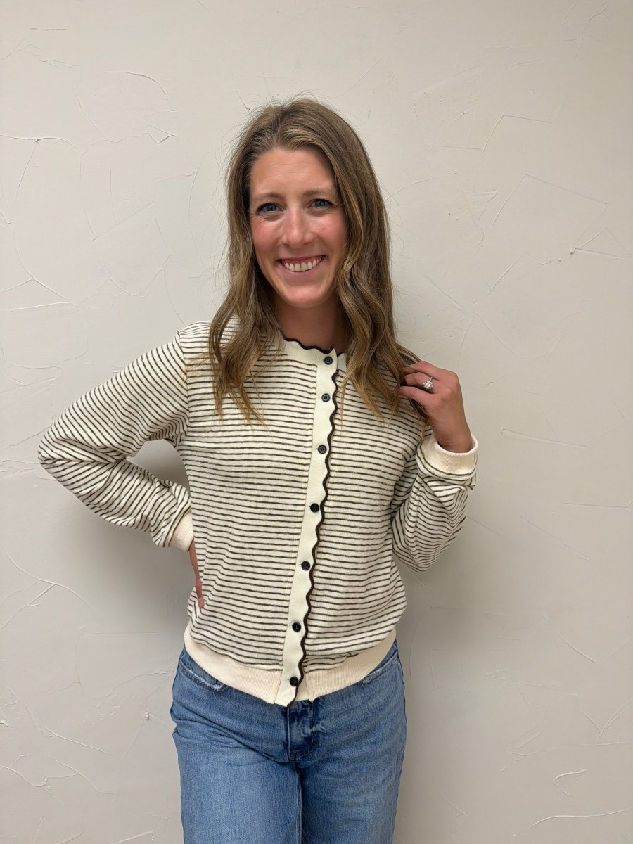 Stripe Knit Scallop Trim Cardigan - Three:Twelve Boutique - Polagram